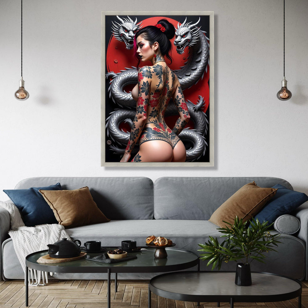 Japanese Dragon and Geisha Tattoo Art, Red Moon Canvas, Oriental Wall Art, Modern Asian Decor, Floral Tattoo Gift Art, Home Decor, Print
