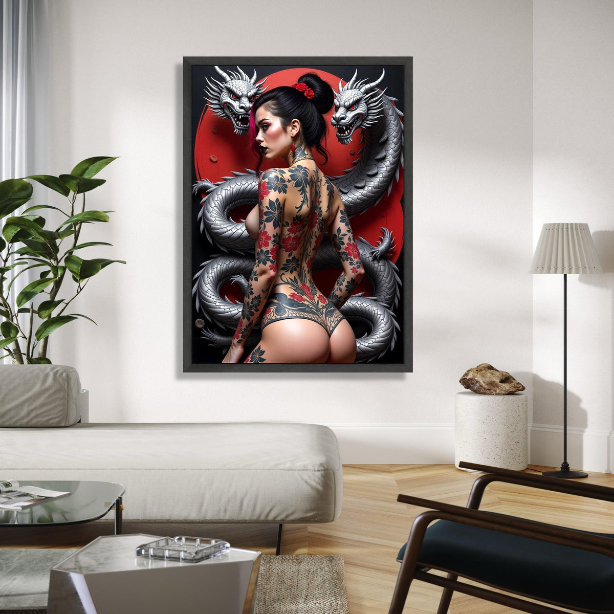Japanese Dragon and Geisha Tattoo Art, Red Moon Canvas, Oriental Wall Art, Modern Asian Decor, Floral Tattoo Gift Art, Home Decor, Print