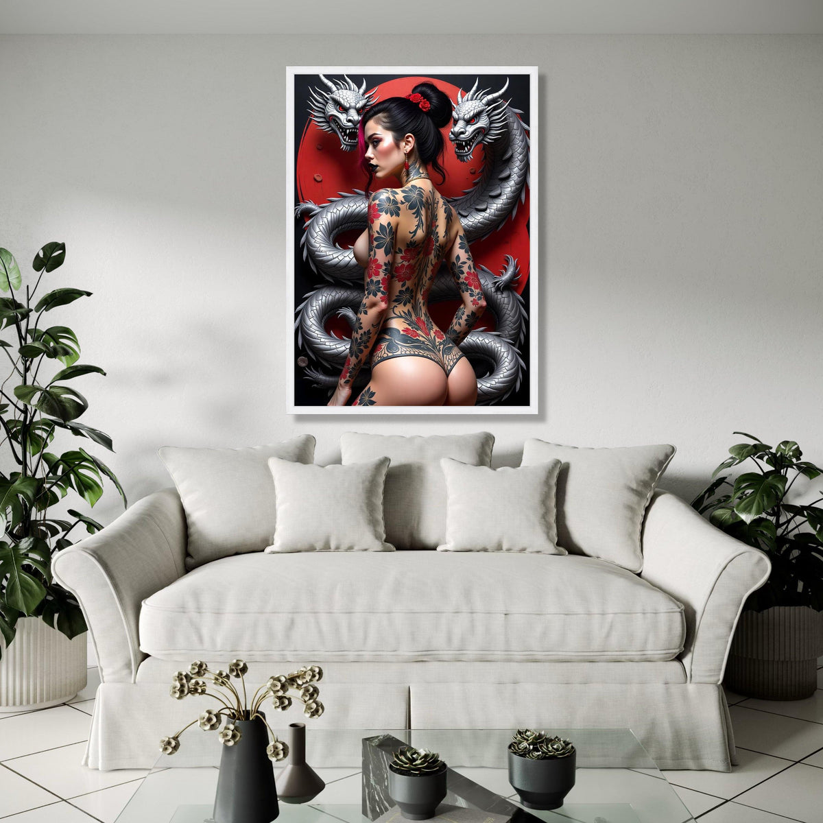 Japanese Dragon and Geisha Tattoo Art, Red Moon Canvas, Oriental Wall Art, Modern Asian Decor, Floral Tattoo Gift Art, Home Decor, Print