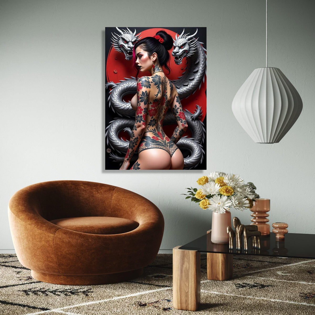 Japanese Dragon and Geisha Tattoo Art, Red Moon Canvas, Oriental Wall Art, Modern Asian Decor, Floral Tattoo Gift Art, Home Decor, Print