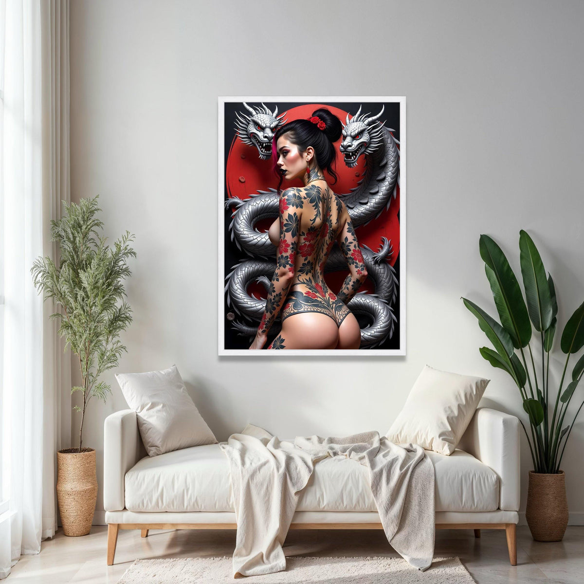 Japanese Dragon and Geisha Tattoo Art, Red Moon Canvas, Oriental Wall Art, Modern Asian Decor, Floral Tattoo Gift Art, Home Decor, Print