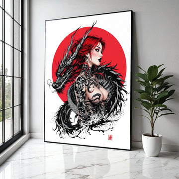 Fierce Red-Haired Woman with Black Dragon, Japanese Tattoo Art Canvas, Asian Mythology Wall Decor, Bold Graphic Gift Art, Home Decor, Print