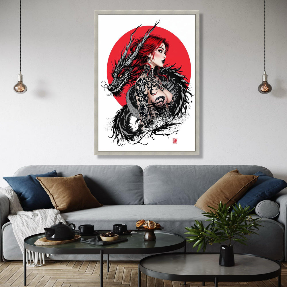 Fierce Red-Haired Woman with Black Dragon, Japanese Tattoo Art Canvas, Asian Mythology Wall Decor, Bold Graphic Gift Art, Home Decor, Print