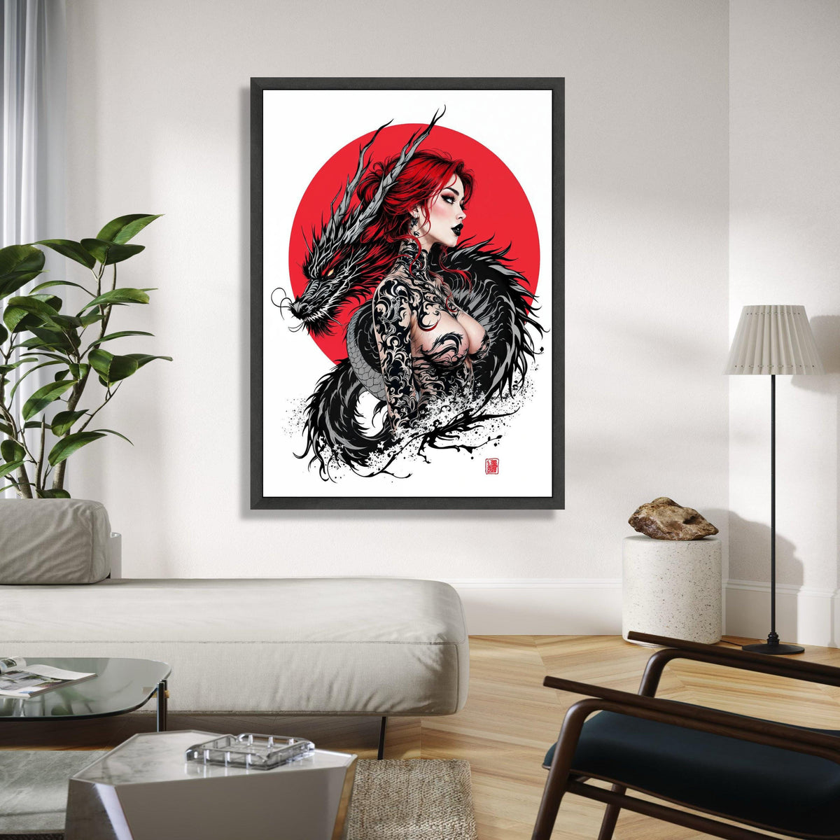 Fierce Red-Haired Woman with Black Dragon, Japanese Tattoo Art Canvas, Asian Mythology Wall Decor, Bold Graphic Gift Art, Home Decor, Print