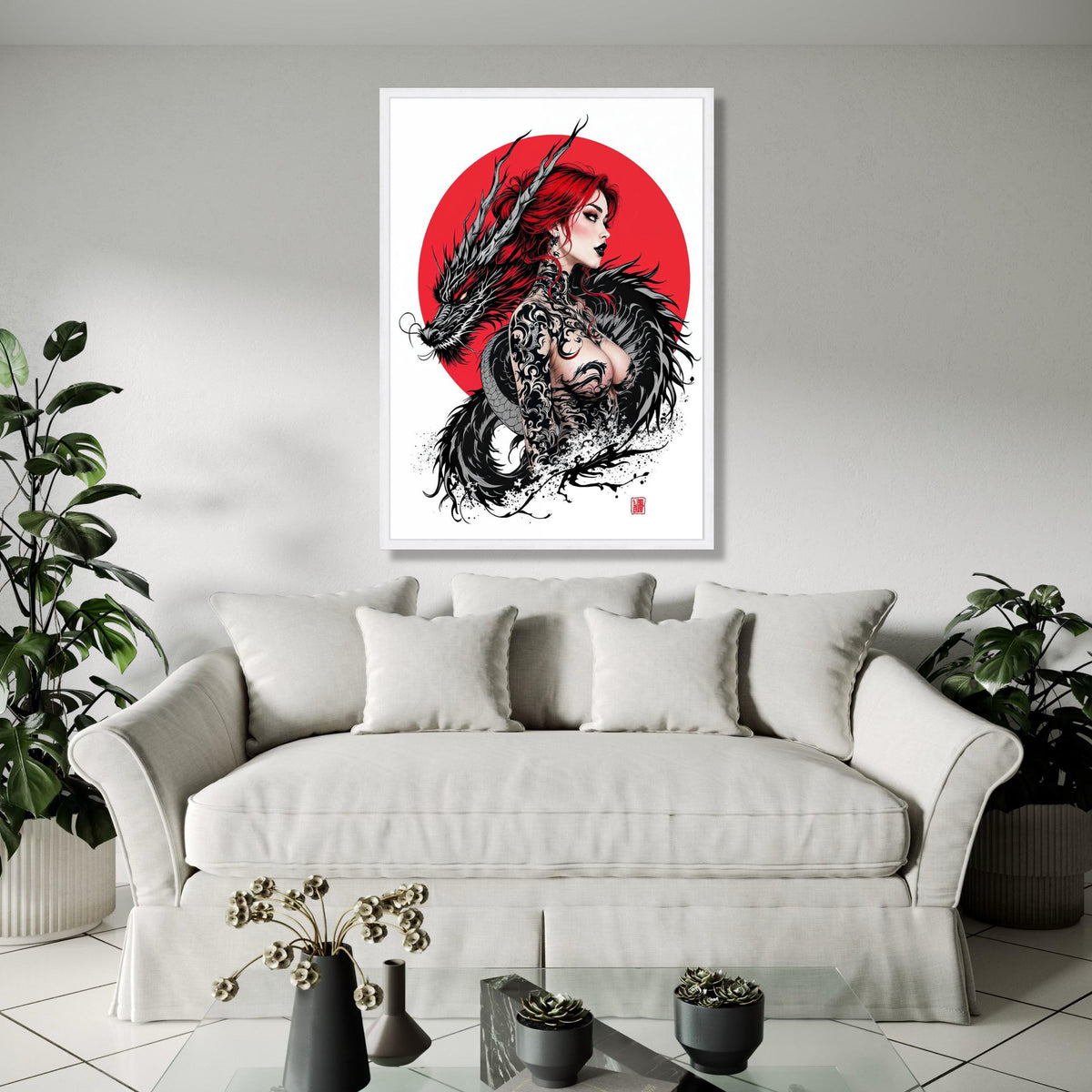 Fierce Red-Haired Woman with Black Dragon, Japanese Tattoo Art Canvas, Asian Mythology Wall Decor, Bold Graphic Gift Art, Home Decor, Print