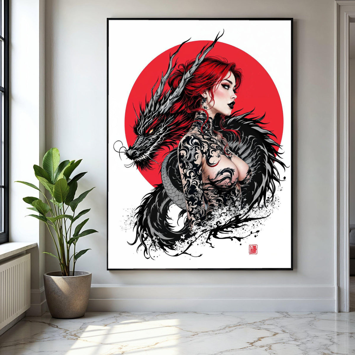 Fierce Red-Haired Woman with Black Dragon, Japanese Tattoo Art Canvas, Asian Mythology Wall Decor, Bold Graphic Gift Art, Home Decor, Print