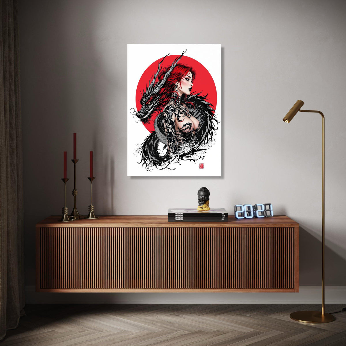 Fierce Red-Haired Woman with Black Dragon, Japanese Tattoo Art Canvas, Asian Mythology Wall Decor, Bold Graphic Gift Art, Home Decor, Print