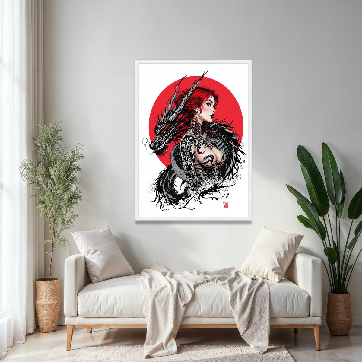 Fierce Red-Haired Woman with Black Dragon, Japanese Tattoo Art Canvas, Asian Mythology Wall Decor, Bold Graphic Gift Art, Home Decor, Print