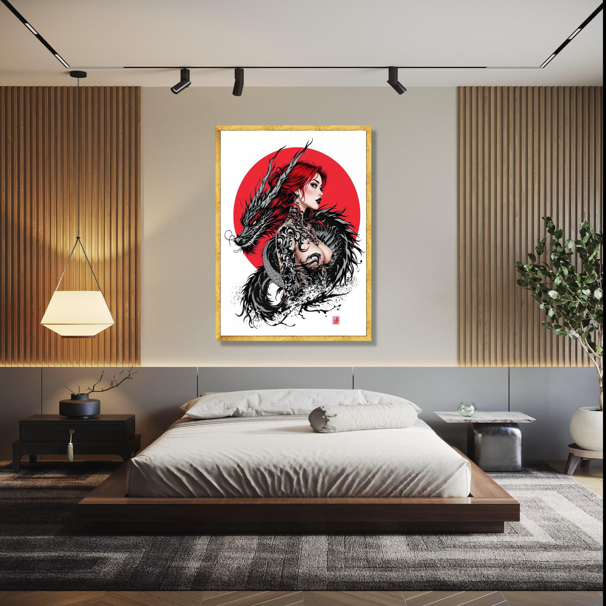 Fierce Red-Haired Woman with Black Dragon, Japanese Tattoo Art Canvas, Asian Mythology Wall Decor, Bold Graphic Gift Art, Home Decor, Print