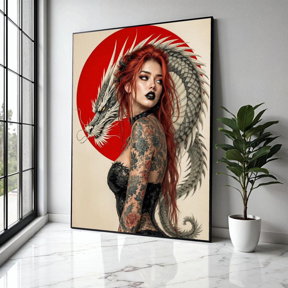 Red-Haired Woman with Dragon, Japanese Art Canvas, Tattoo Style Wall Art, Asian-Inspired Decor, Bold Modern Gift Art, Home Decor, Print