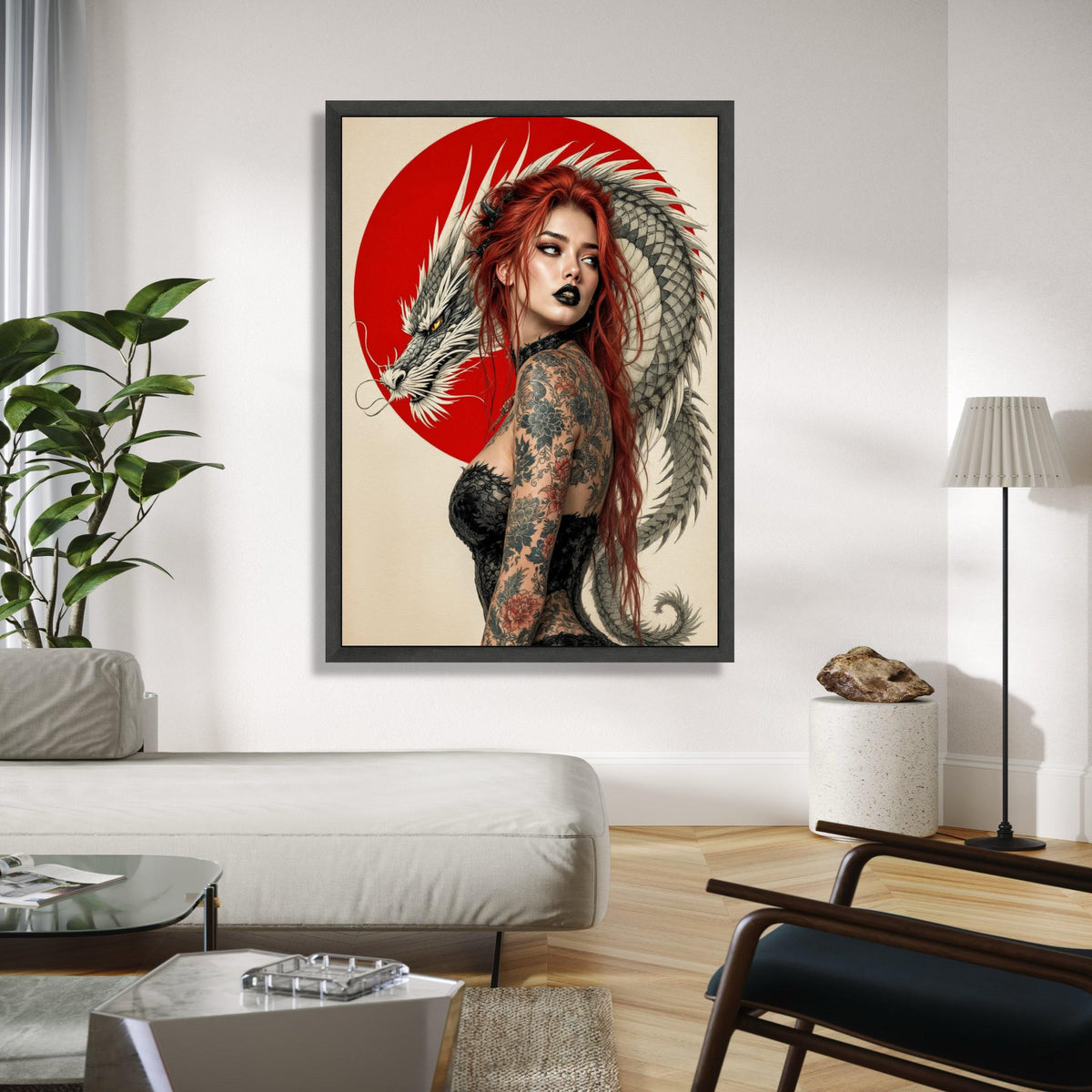 Red-Haired Woman with Dragon, Japanese Art Canvas, Tattoo Style Wall Art, Asian-Inspired Decor, Bold Modern Gift Art, Home Decor, Print