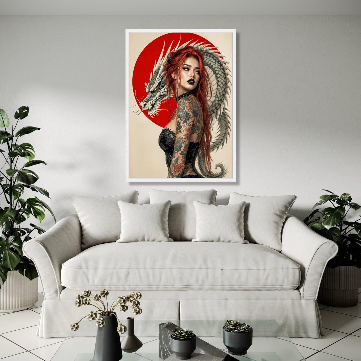 Red-Haired Woman with Dragon, Japanese Art Canvas, Tattoo Style Wall Art, Asian-Inspired Decor, Bold Modern Gift Art, Home Decor, Print