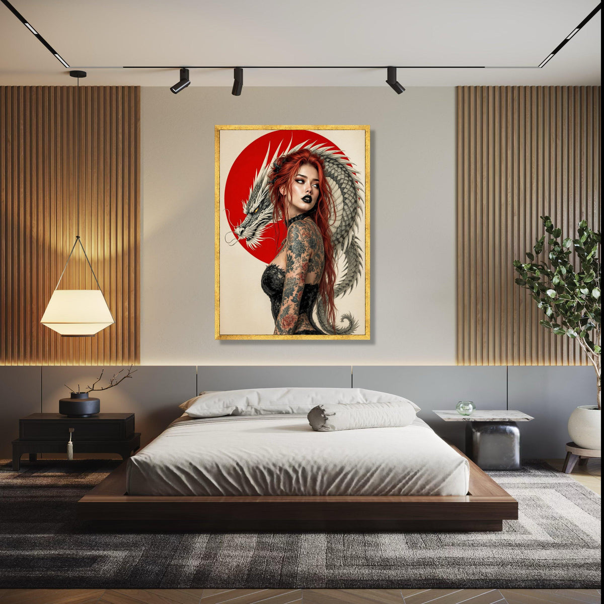 Red-Haired Woman with Dragon, Japanese Art Canvas, Tattoo Style Wall Art, Asian-Inspired Decor, Bold Modern Gift Art, Home Decor, Print