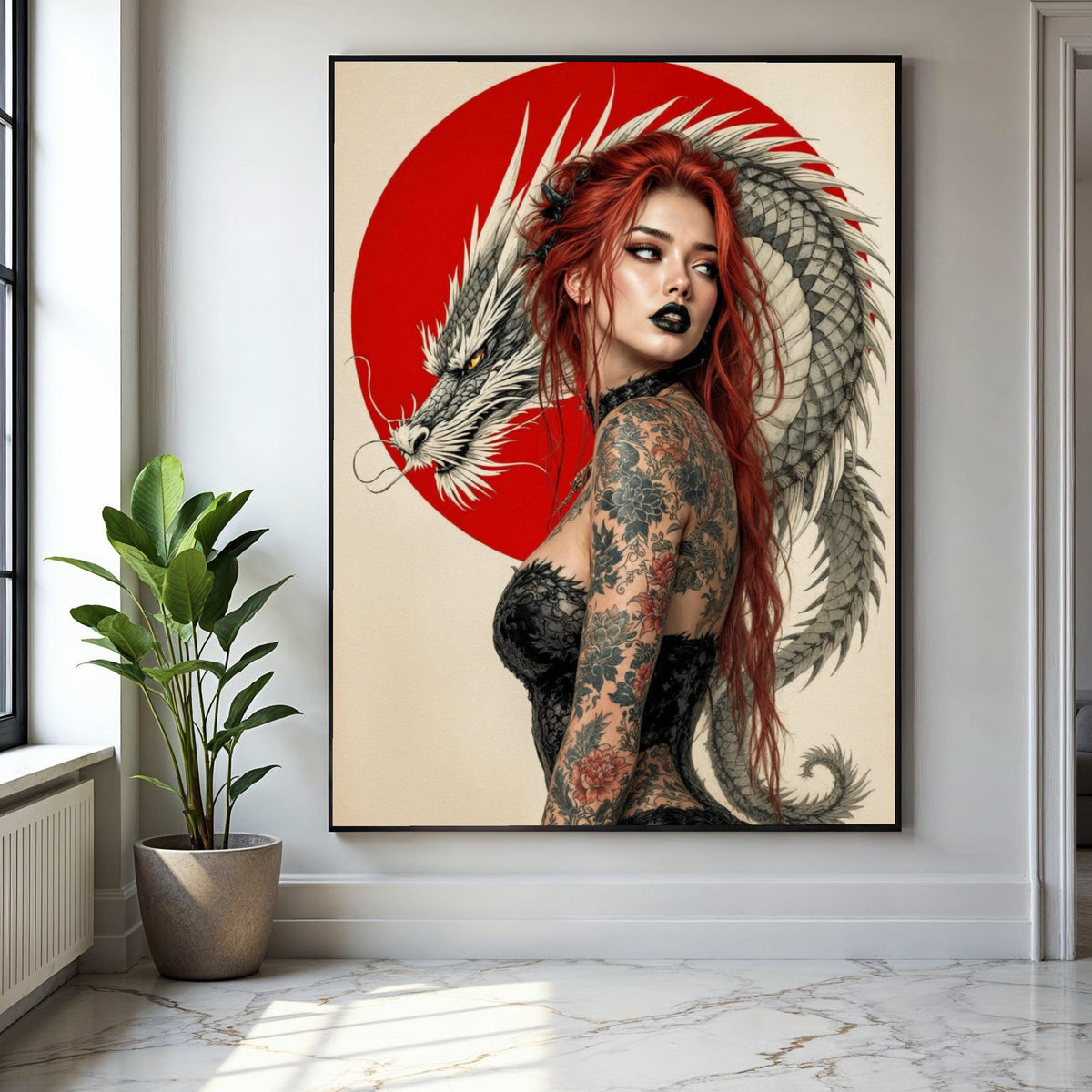Red-Haired Woman with Dragon, Japanese Art Canvas, Tattoo Style Wall Art, Asian-Inspired Decor, Bold Modern Gift Art, Home Decor, Print