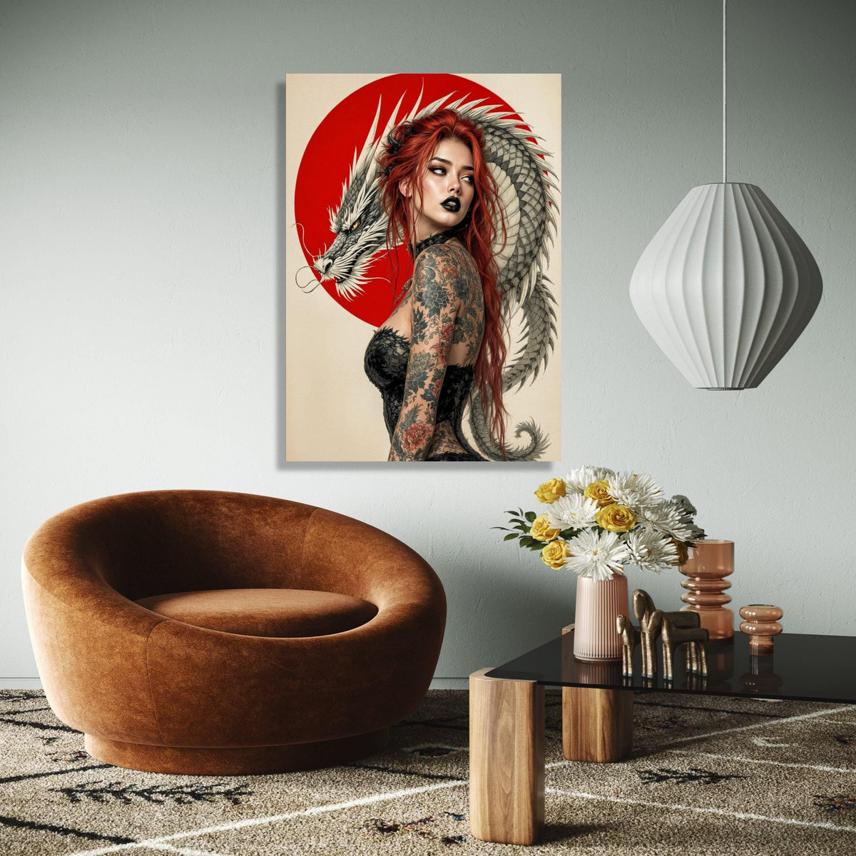 Red-Haired Woman with Dragon, Japanese Art Canvas, Tattoo Style Wall Art, Asian-Inspired Decor, Bold Modern Gift Art, Home Decor, Print