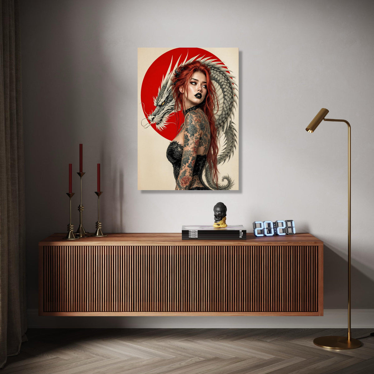 Red-Haired Woman with Dragon, Japanese Art Canvas, Tattoo Style Wall Art, Asian-Inspired Decor, Bold Modern Gift Art, Home Decor, Print