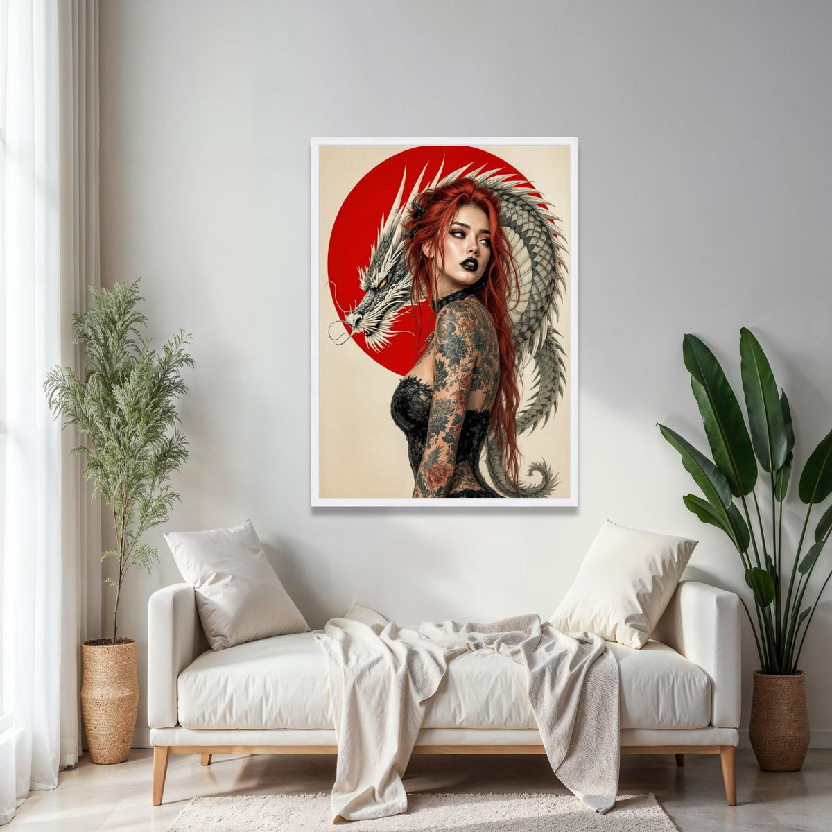 Red-Haired Woman with Dragon, Japanese Art Canvas, Tattoo Style Wall Art, Asian-Inspired Decor, Bold Modern Gift Art, Home Decor, Print