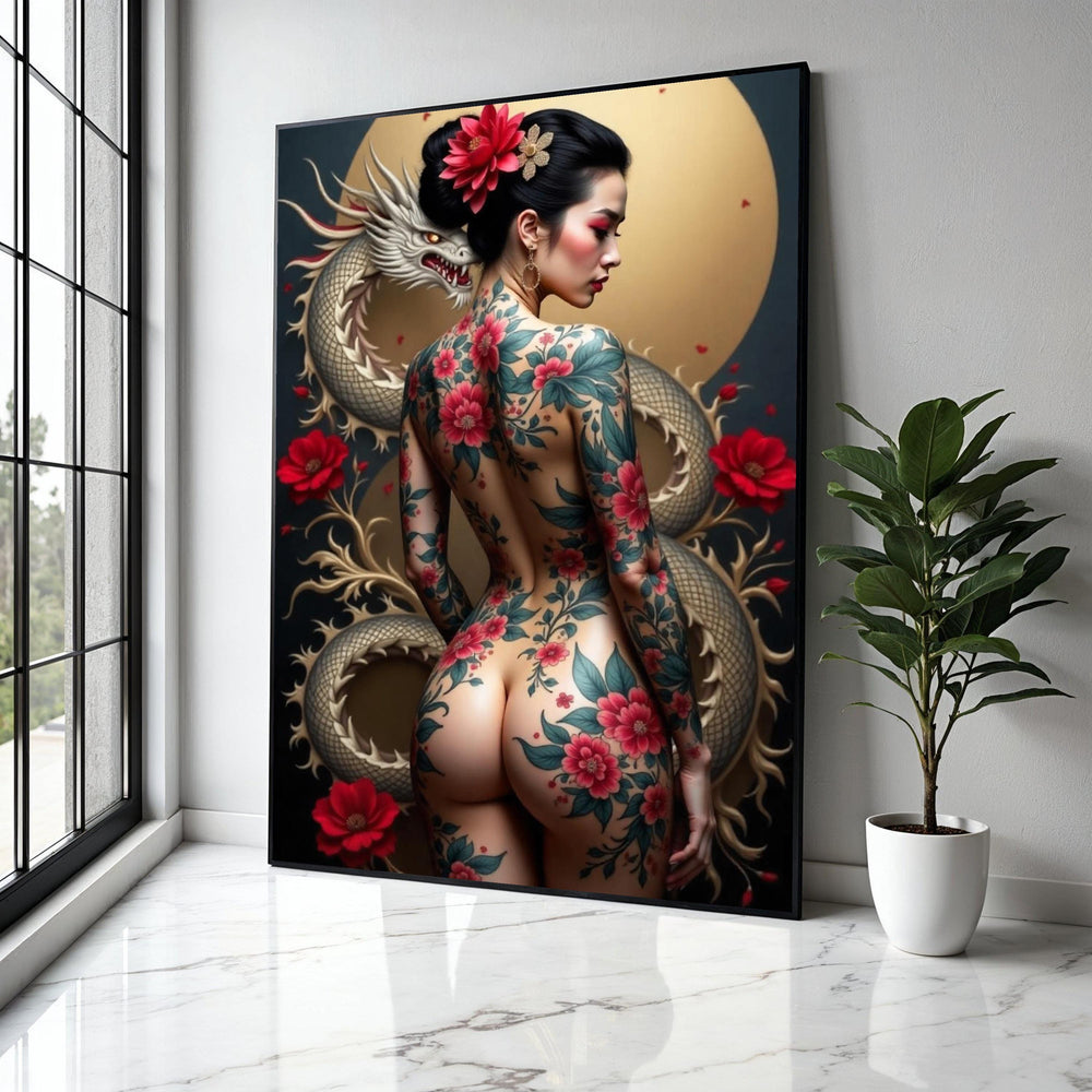 Japanese Tattoo Art Canvas, Floral Body Ink Design, Geisha with Dragon Background, Asian Inspired Wall Art, Gift Art, Home Decor, Print