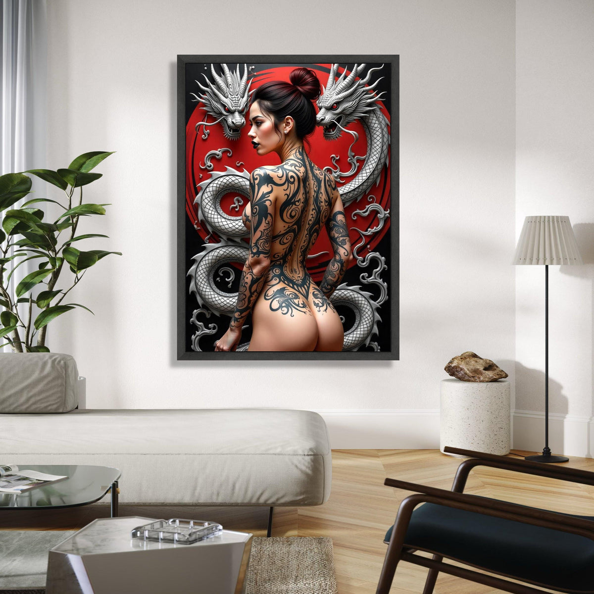Bold Japanese Dragon Tattoo Woman Canvas, Red Circle Background, Modern Japon Art Wall Decor, Tattoo Body Art Gift Art, Home Decor, Print