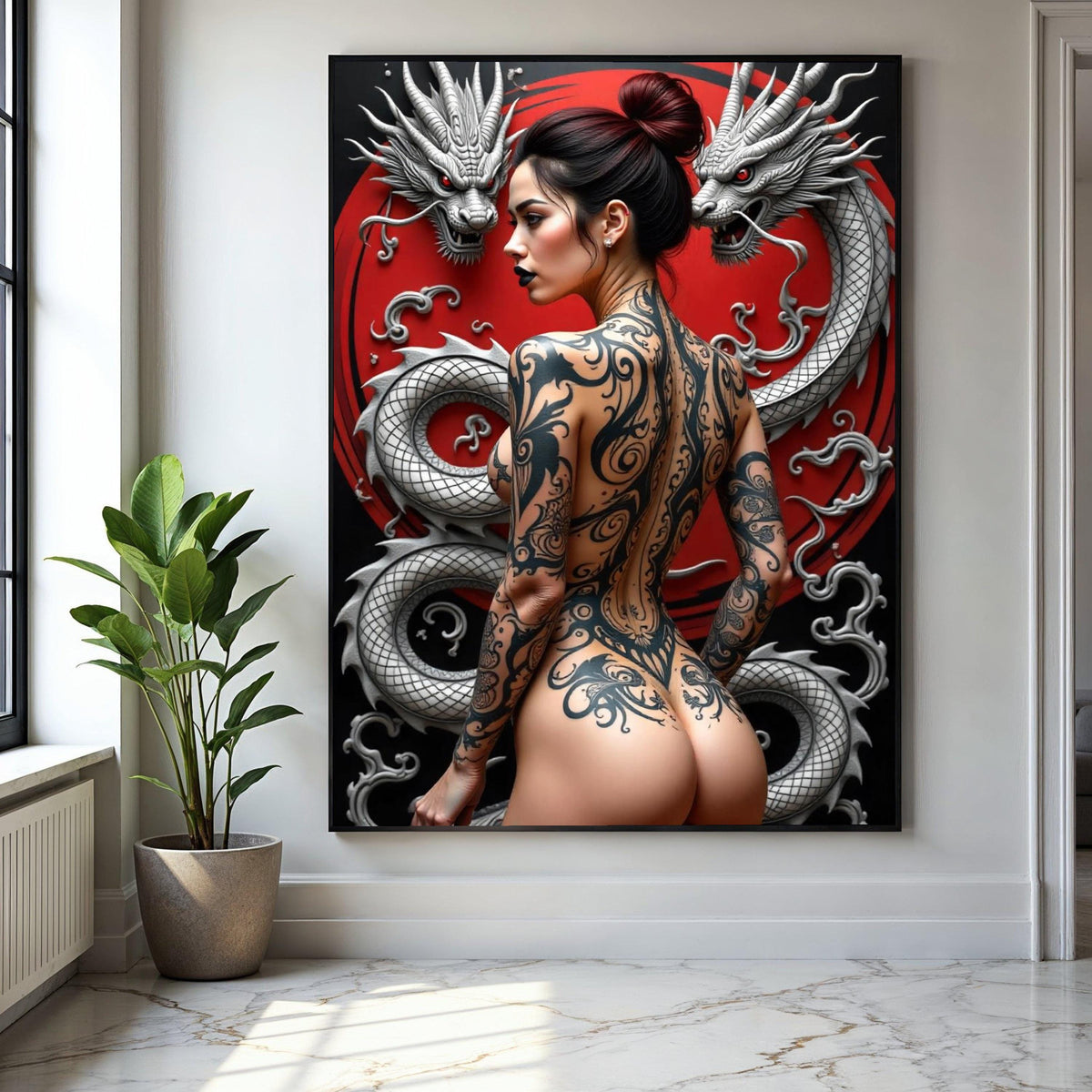 Bold Japanese Dragon Tattoo Woman Canvas, Red Circle Background, Modern Japon Art Wall Decor, Tattoo Body Art Gift Art, Home Decor, Print