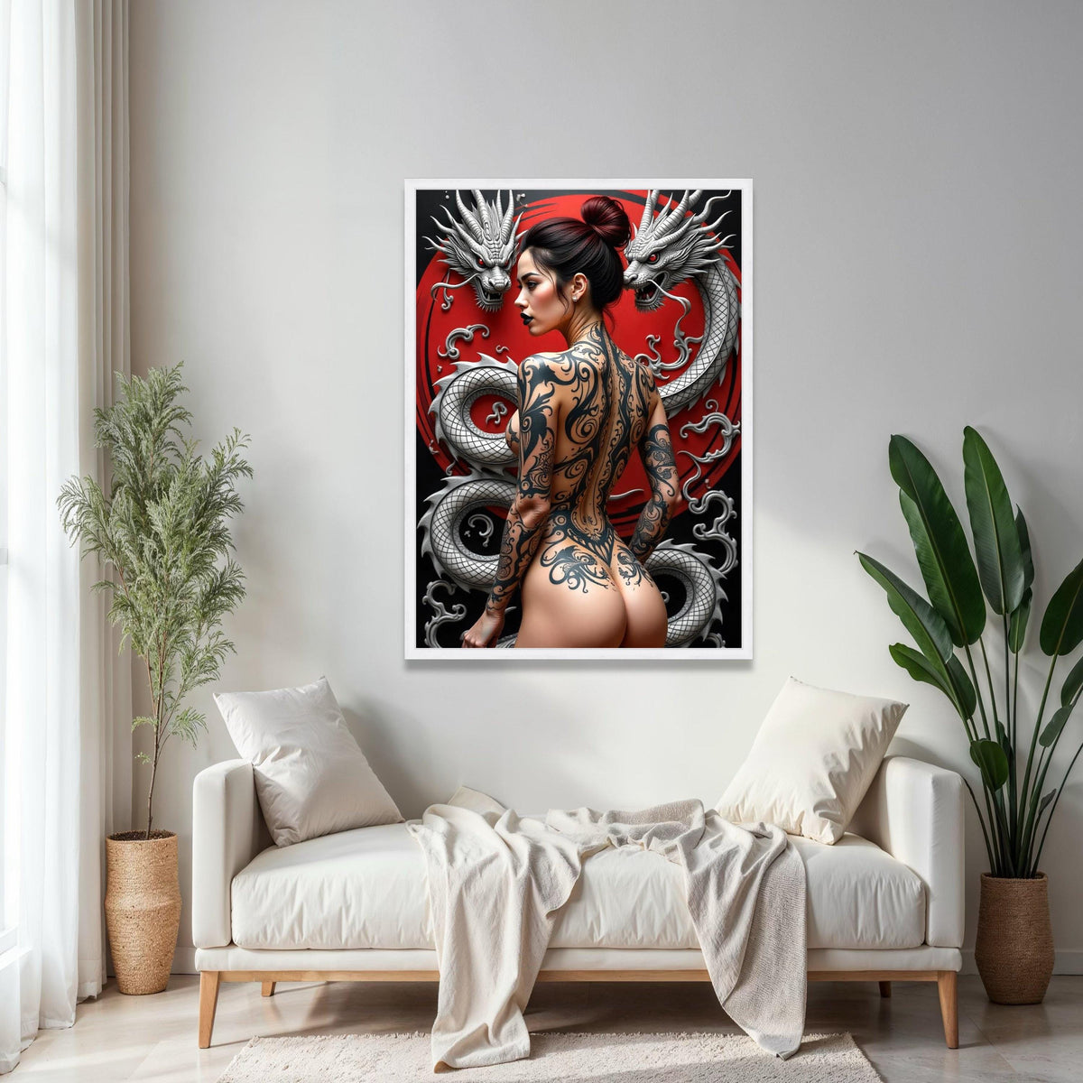 Bold Japanese Dragon Tattoo Woman Canvas, Red Circle Background, Modern Japon Art Wall Decor, Tattoo Body Art Gift Art, Home Decor, Print