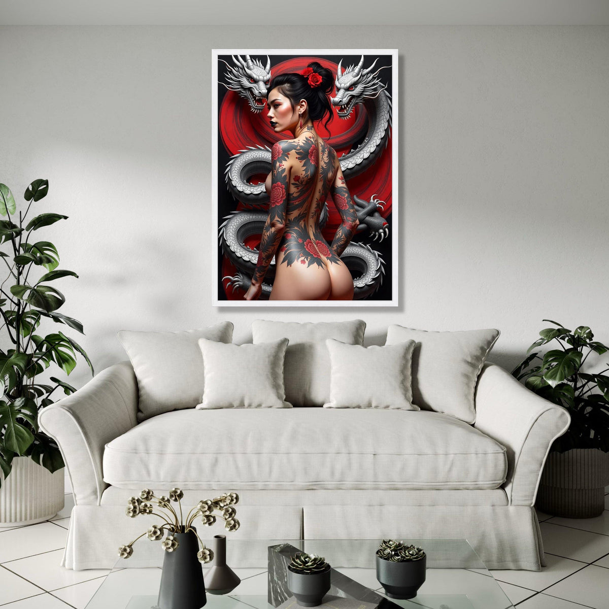 Japanese Dragon and Tattooed Woman Canvas, Oriental Art Wall Decor, Red Floral Tattoo Canvas, Asian Mythology Gift Art, Home Decor, Print