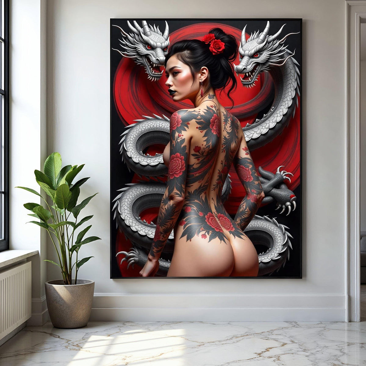 Japanese Dragon and Tattooed Woman Canvas, Oriental Art Wall Decor, Red Floral Tattoo Canvas, Asian Mythology Gift Art, Home Decor, Print