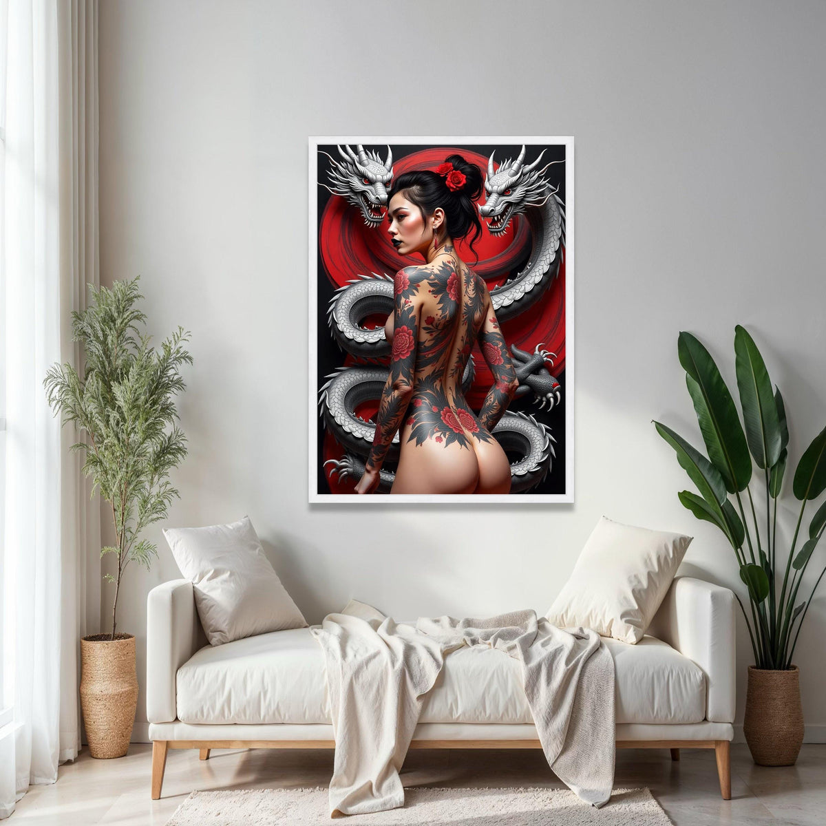 Japanese Dragon and Tattooed Woman Canvas, Oriental Art Wall Decor, Red Floral Tattoo Canvas, Asian Mythology Gift Art, Home Decor, Print