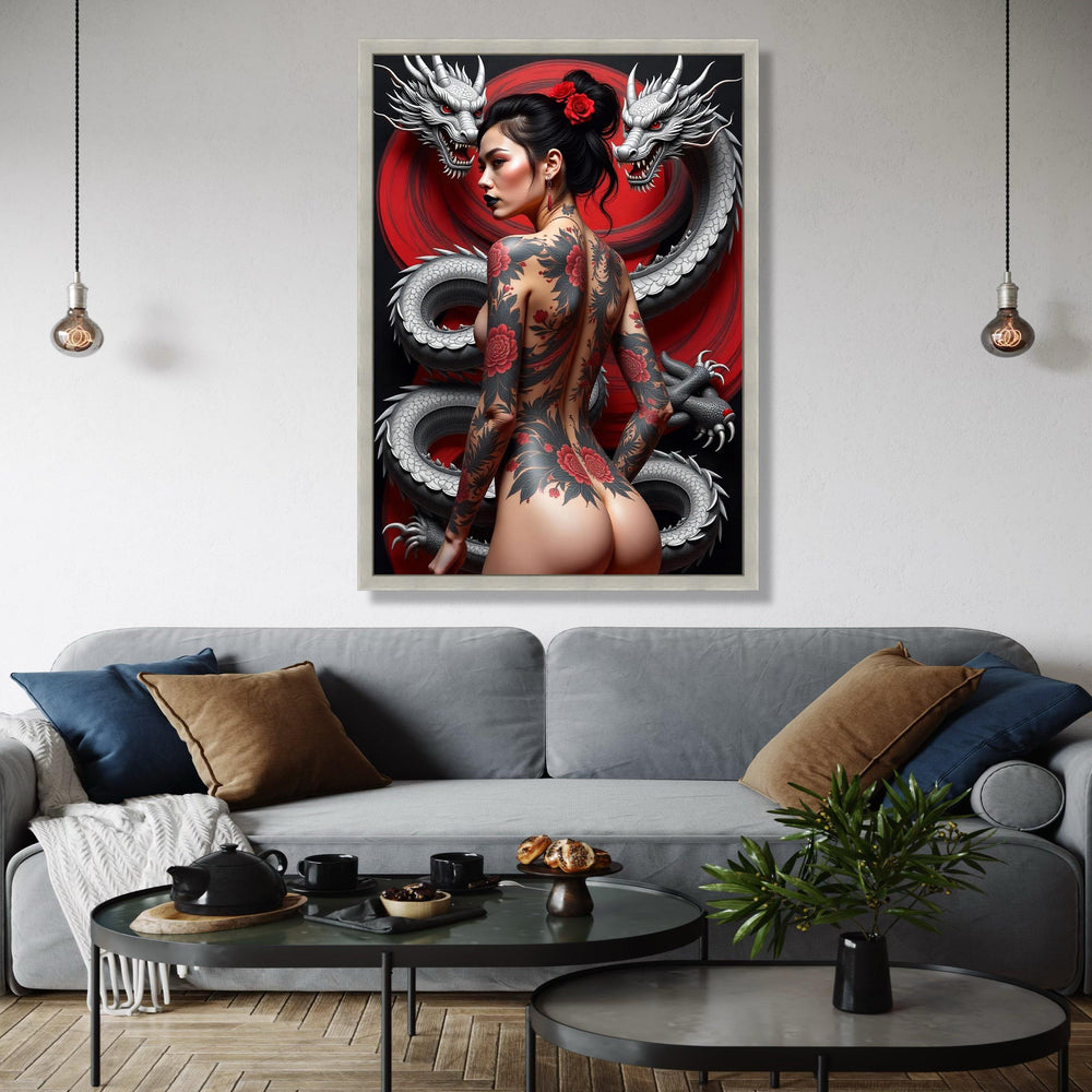 Japanese Dragon and Tattooed Woman Canvas, Oriental Art Wall Decor, Red Floral Tattoo Canvas, Asian Mythology Gift Art, Home Decor, Print