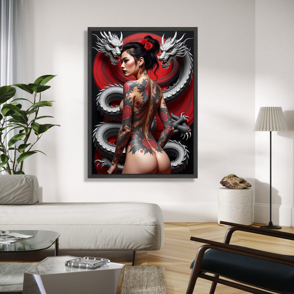 Japanese Dragon and Tattooed Woman Canvas, Oriental Art Wall Decor, Red Floral Tattoo Canvas, Asian Mythology Gift Art, Home Decor, Print