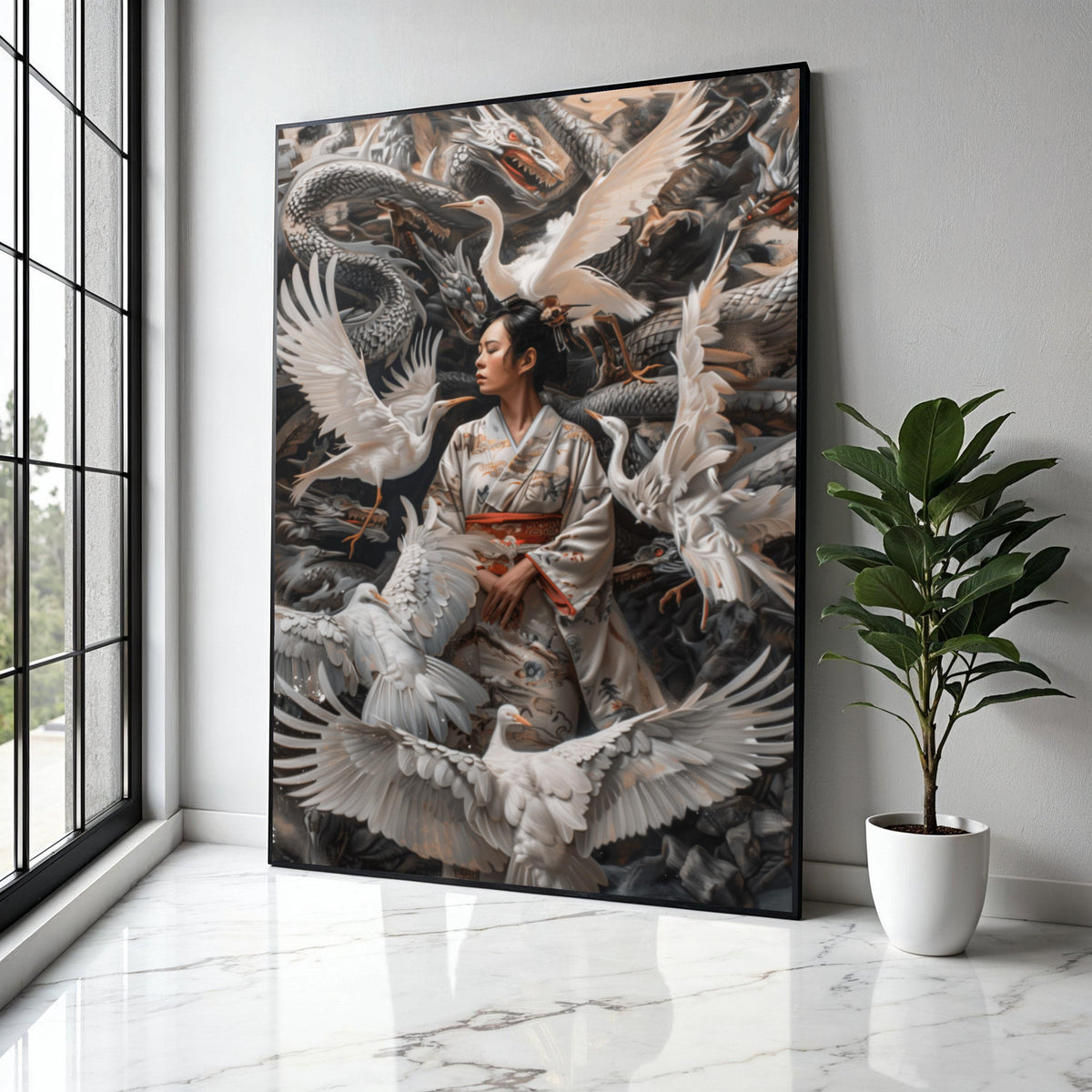 Serene Geisha with Cranes Canvas Wall Art, Japanese Kimono Art, Mythical Dragon Background, Asian Culture Decor, Gift Art, Home Decor, Print