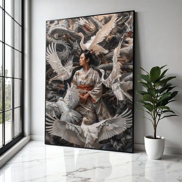 Serene Geisha with Cranes Canvas Wall Art, Japanese Kimono Art, Mythical Dragon Background, Asian Culture Decor, Gift Art, Home Decor, Print