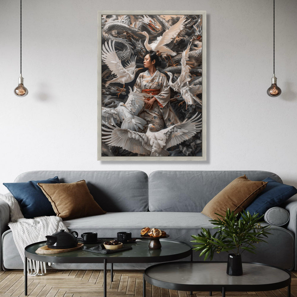Serene Geisha with Cranes Canvas Wall Art, Japanese Kimono Art, Mythical Dragon Background, Asian Culture Decor, Gift Art, Home Decor, Print
