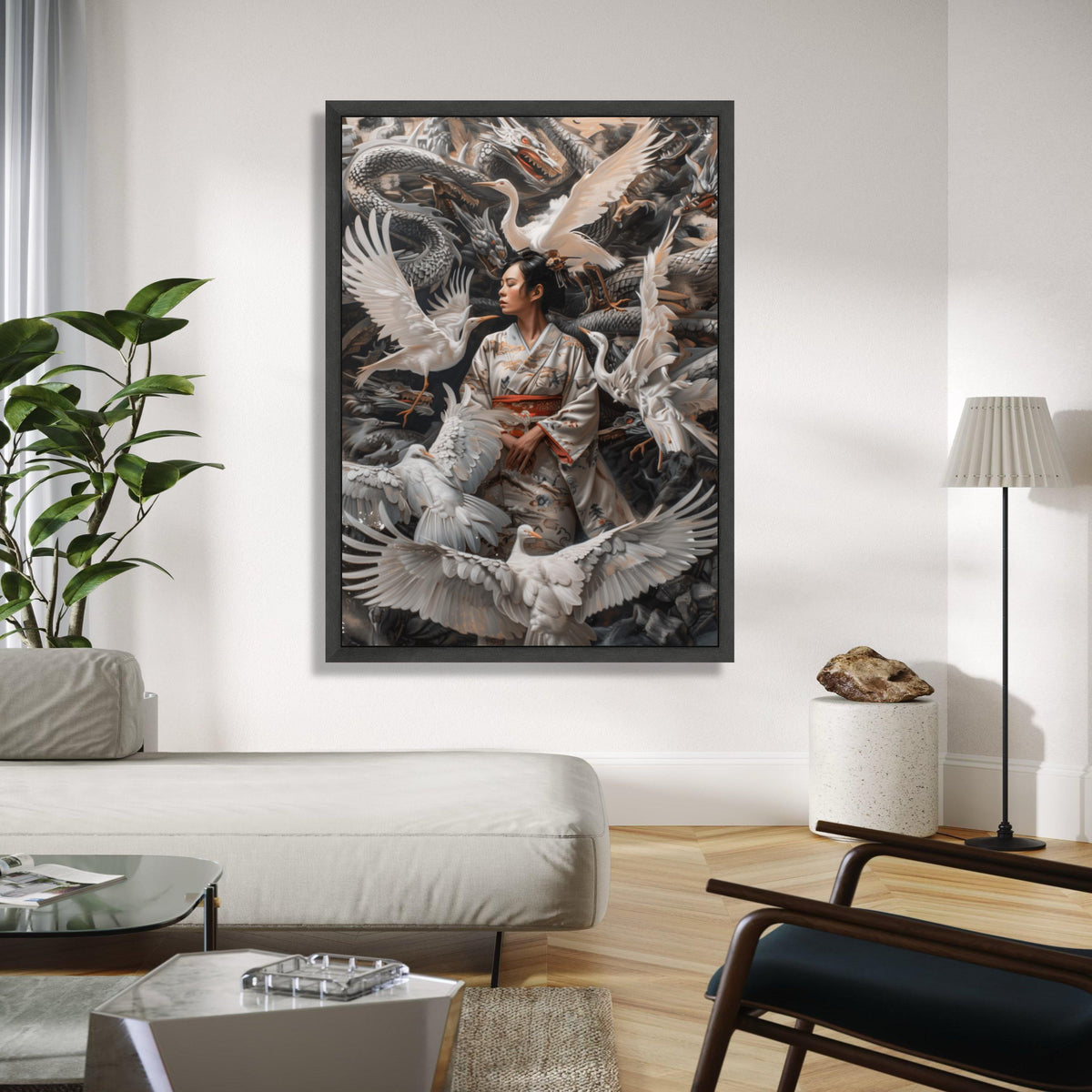 Serene Geisha with Cranes Canvas Wall Art, Japanese Kimono Art, Mythical Dragon Background, Asian Culture Decor, Gift Art, Home Decor, Print