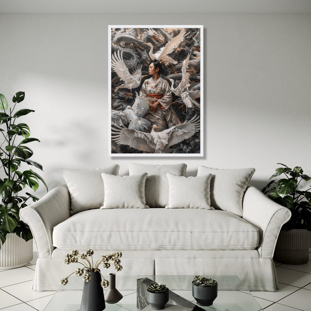 Serene Geisha with Cranes Canvas Wall Art, Japanese Kimono Art, Mythical Dragon Background, Asian Culture Decor, Gift Art, Home Decor, Print