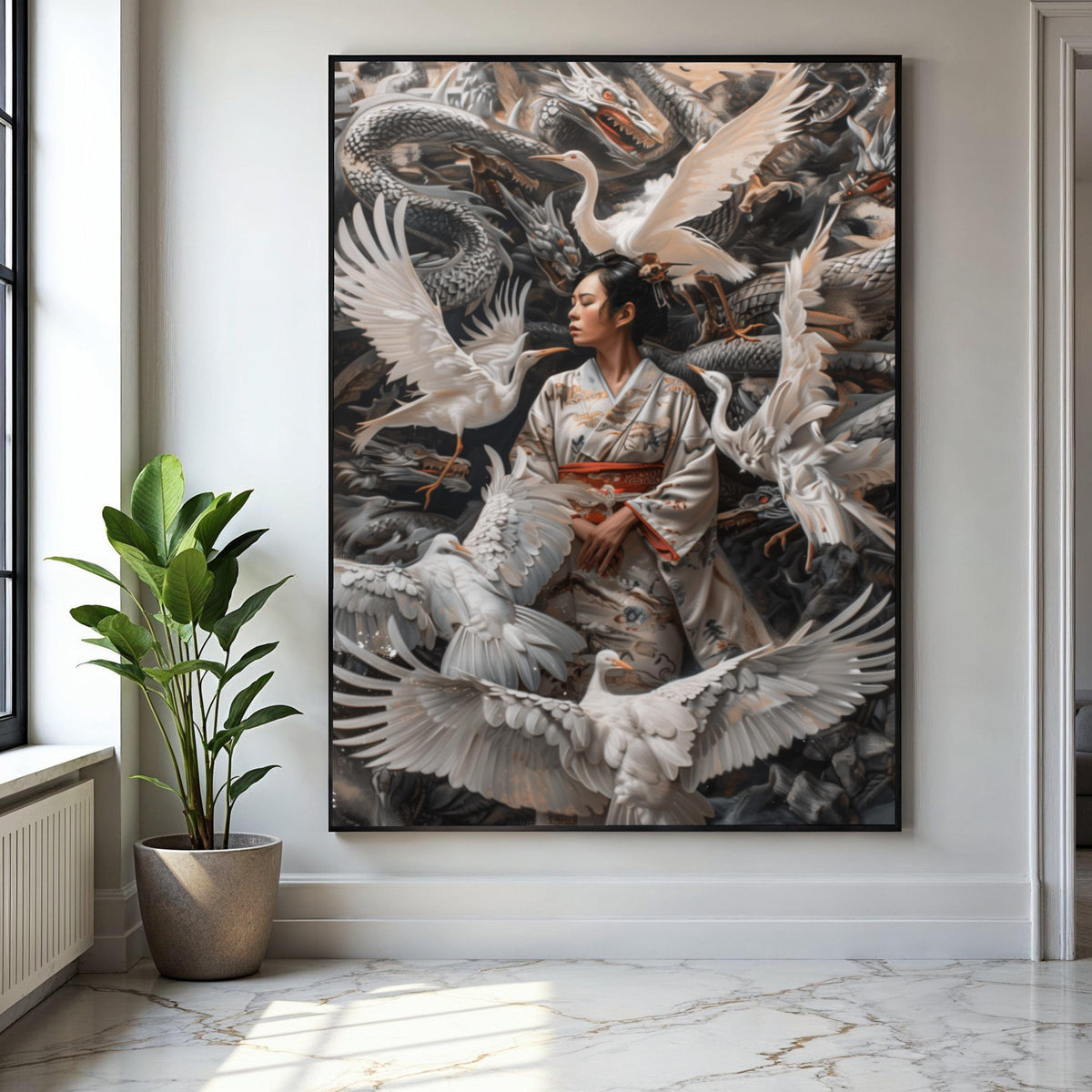 Serene Geisha with Cranes Canvas Wall Art, Japanese Kimono Art, Mythical Dragon Background, Asian Culture Decor, Gift Art, Home Decor, Print