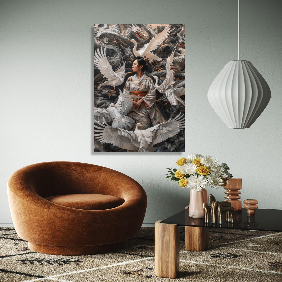 Serene Geisha with Cranes Canvas Wall Art, Japanese Kimono Art, Mythical Dragon Background, Asian Culture Decor, Gift Art, Home Decor, Print