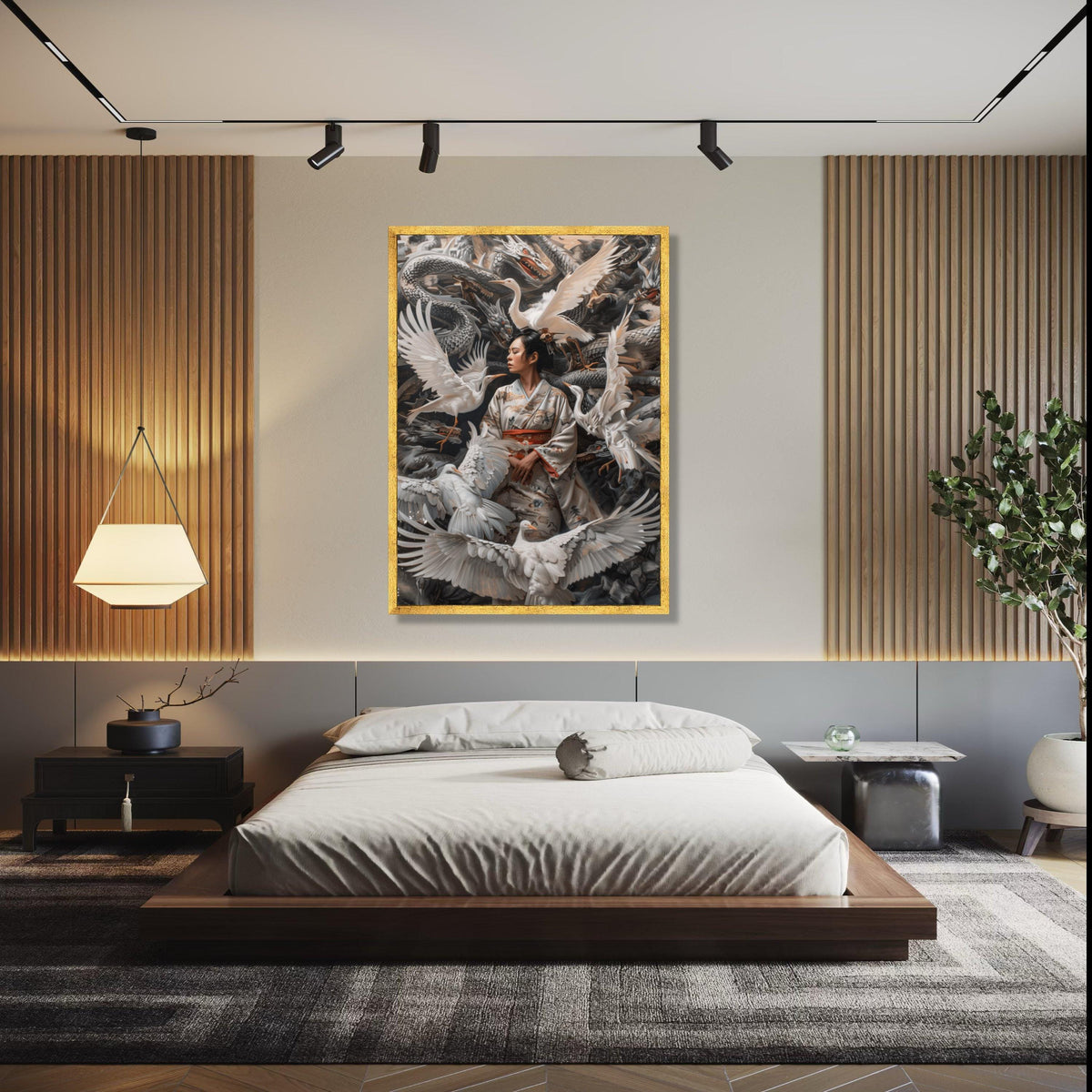 Serene Geisha with Cranes Canvas Wall Art, Japanese Kimono Art, Mythical Dragon Background, Asian Culture Decor, Gift Art, Home Decor, Print
