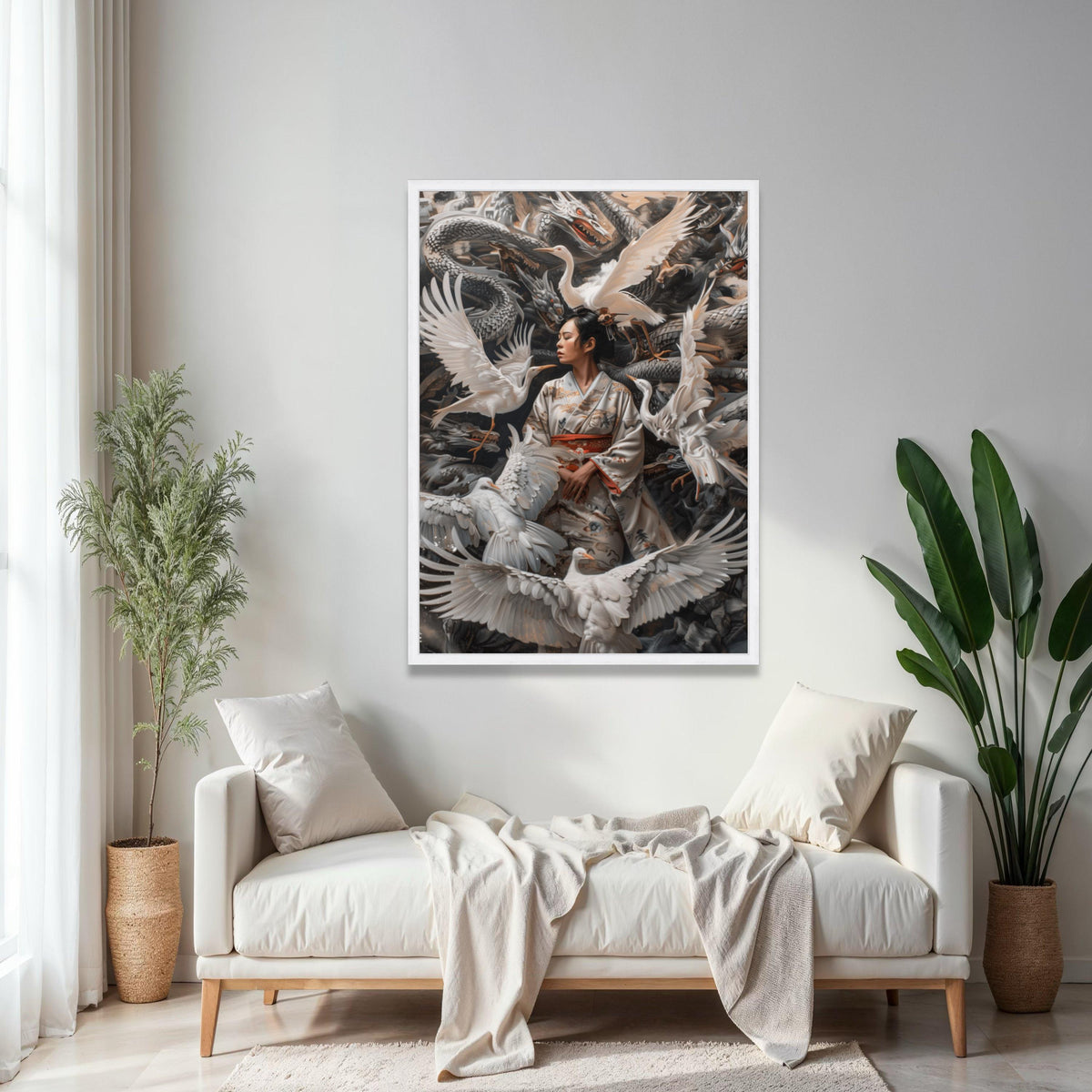 Serene Geisha with Cranes Canvas Wall Art, Japanese Kimono Art, Mythical Dragon Background, Asian Culture Decor, Gift Art, Home Decor, Print