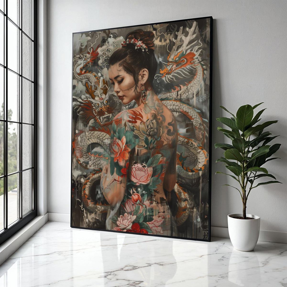 Elegant Asian Woman with Dragon and Floral Tattoos Canvas, Oriental Body Art Wall Decor, Tattoo Inspired Canvas, Gift Art, Home Decor, Print