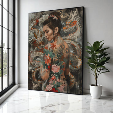 Elegant Asian Woman with Dragon and Floral Tattoos Canvas, Oriental Body Art Wall Decor, Tattoo Inspired Canvas, Gift Art, Home Decor, Print
