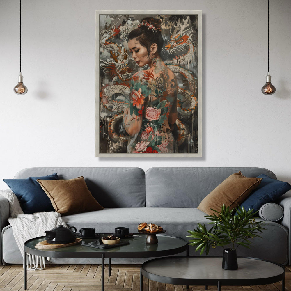 Elegant Asian Woman with Dragon and Floral Tattoos Canvas, Oriental Body Art Wall Decor, Tattoo Inspired Canvas, Gift Art, Home Decor, Print
