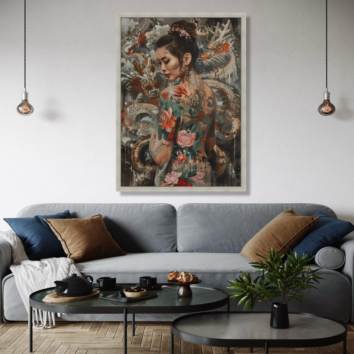 Elegant Asian Woman with Dragon and Floral Tattoos Canvas, Oriental Body Art Wall Decor, Tattoo Inspired Canvas, Gift Art, Home Decor, Print