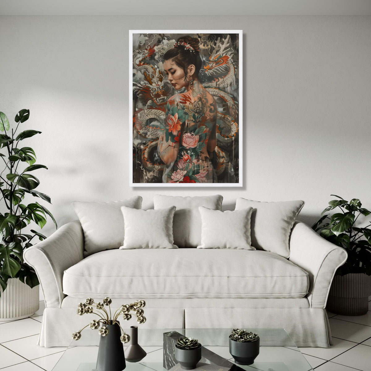 Elegant Asian Woman with Dragon and Floral Tattoos Canvas, Oriental Body Art Wall Decor, Tattoo Inspired Canvas, Gift Art, Home Decor, Print