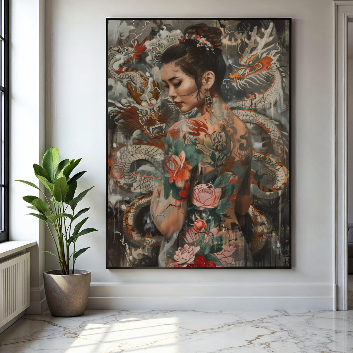 Elegant Asian Woman with Dragon and Floral Tattoos Canvas, Oriental Body Art Wall Decor, Tattoo Inspired Canvas, Gift Art, Home Decor, Print