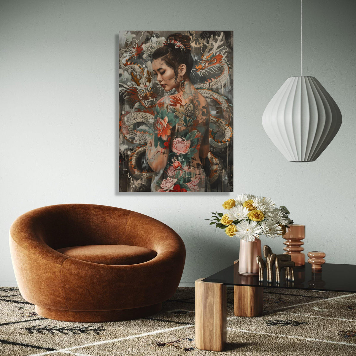 Elegant Asian Woman with Dragon and Floral Tattoos Canvas, Oriental Body Art Wall Decor, Tattoo Inspired Canvas, Gift Art, Home Decor, Print