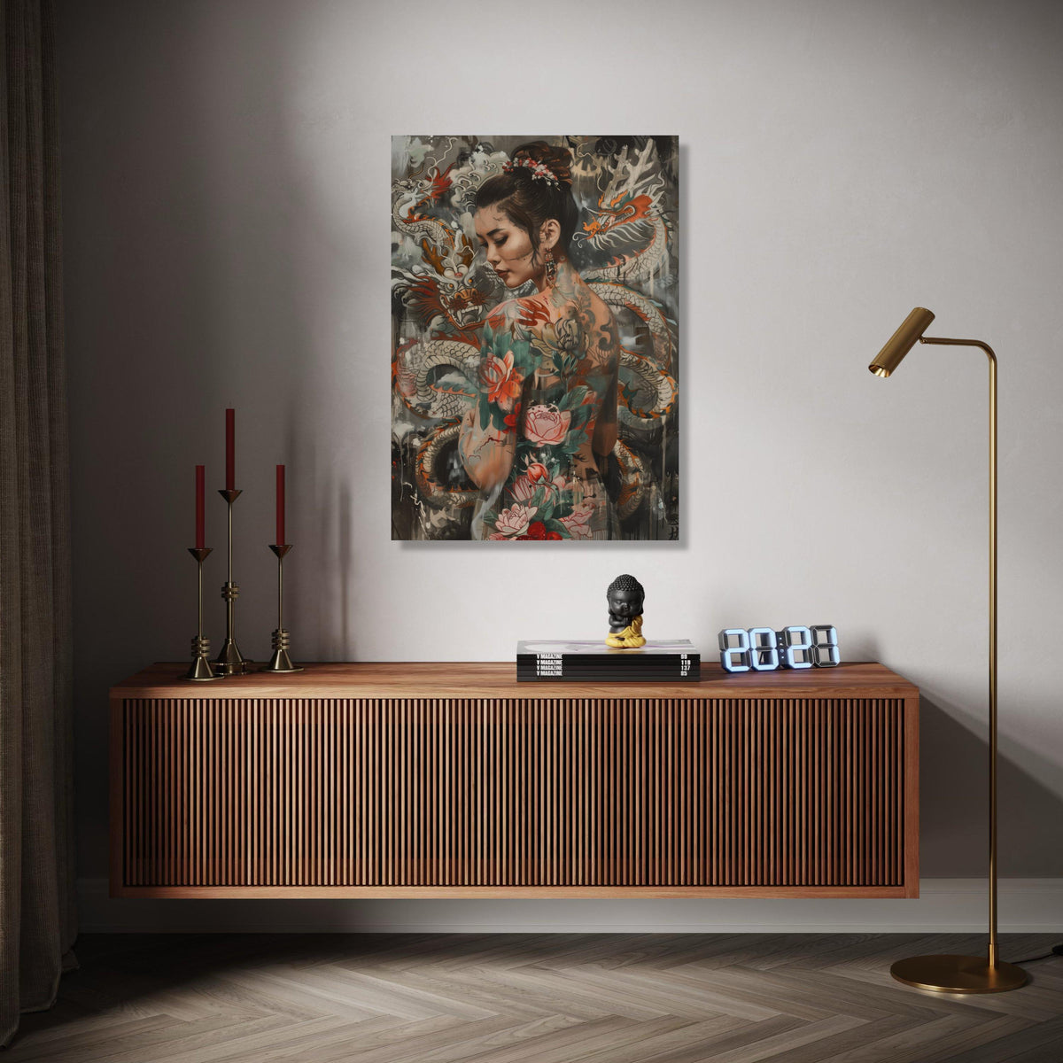 Elegant Asian Woman with Dragon and Floral Tattoos Canvas, Oriental Body Art Wall Decor, Tattoo Inspired Canvas, Gift Art, Home Decor, Print