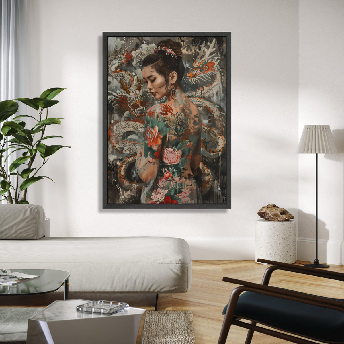 Elegant Asian Woman with Dragon and Floral Tattoos Canvas, Oriental Body Art Wall Decor, Tattoo Inspired Canvas, Gift Art, Home Decor, Print