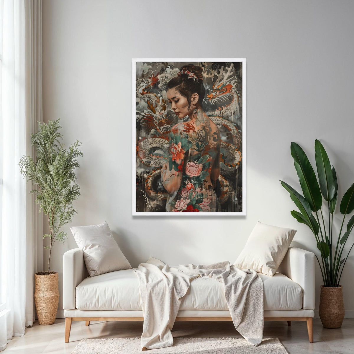 Elegant Asian Woman with Dragon and Floral Tattoos Canvas, Oriental Body Art Wall Decor, Tattoo Inspired Canvas, Gift Art, Home Decor, Print