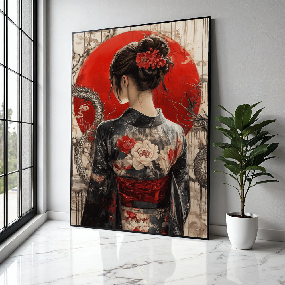 Elegant Geisha in Kimono Canvas, Japanese Woman Wall Art, Red Sun Background, Floral Traditional Dress Canvas, Gift Art, Home Decor, Print